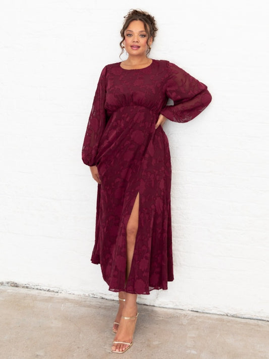 Lovedrobe Red Floral Burnout Long Sleeve Keyhole Back Midaxi Dress