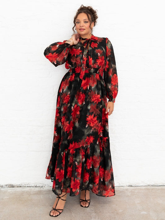 Lovedrobe Floral Tie Neck Long Sleeve Maxi Dress