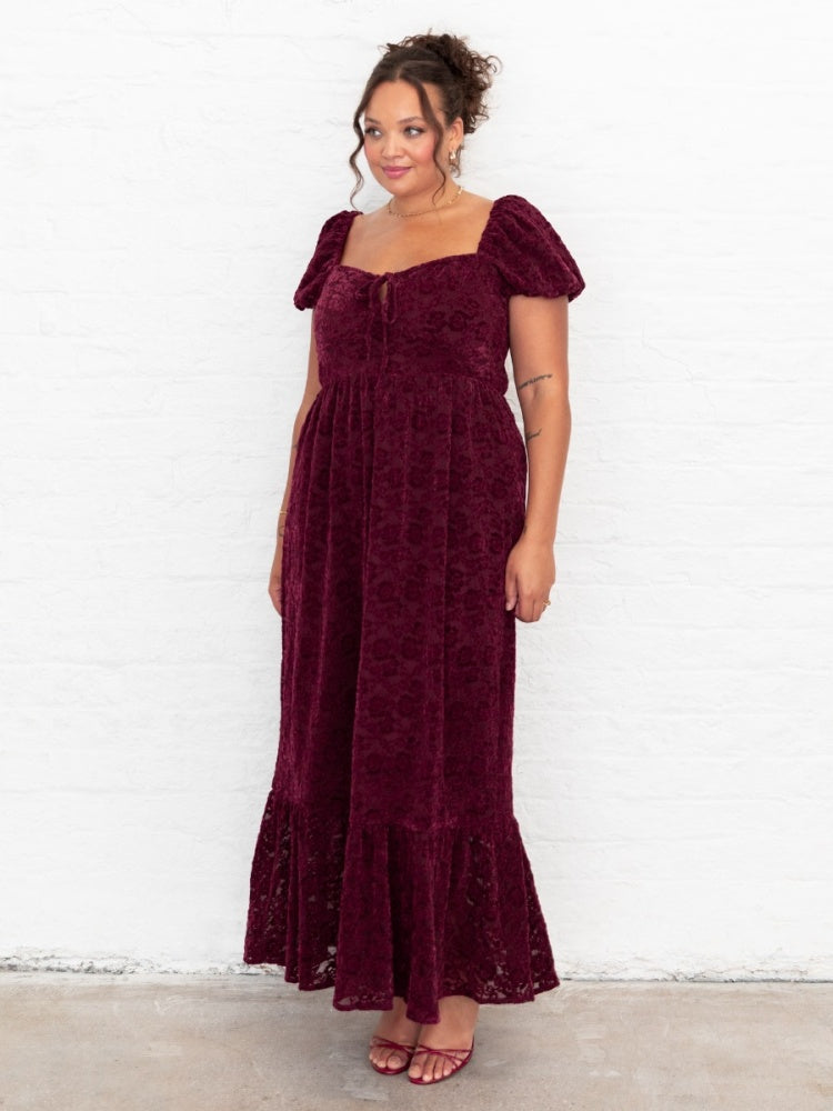 Lovedrobe Burgundy Floral Velvet Square Neck Midaxi Dress
