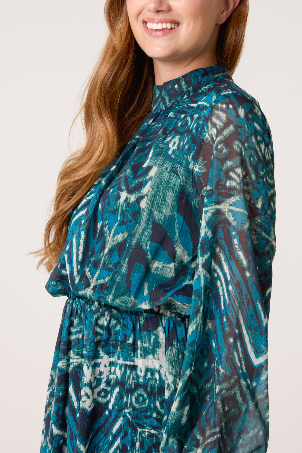 Abstract Leaf Print Puffball High Neck Dress