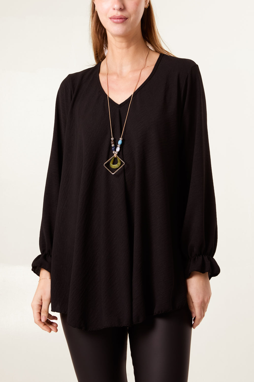 V Neck Bell Sleeve Blouse With Necklace