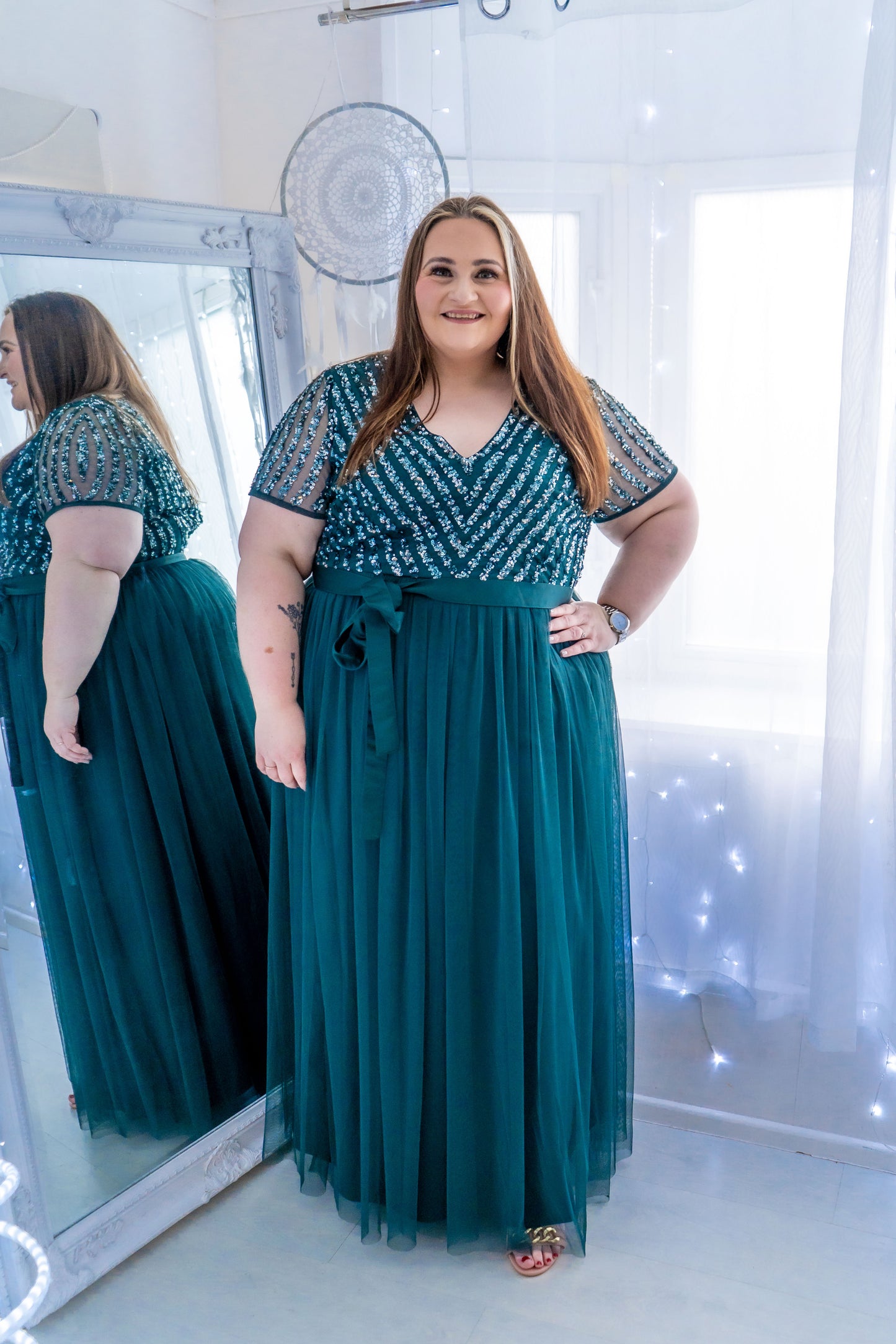 Maya Emerald Green V Neck Stripe Embellished Maxi Dress