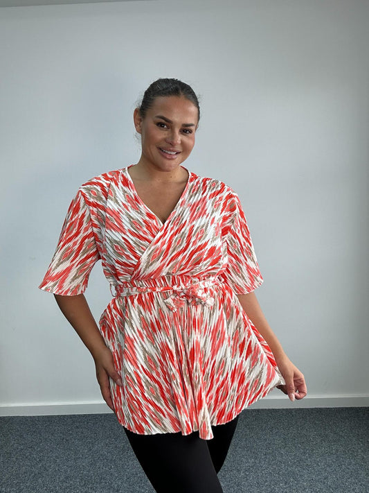 Pleated V Neck Top With Belt