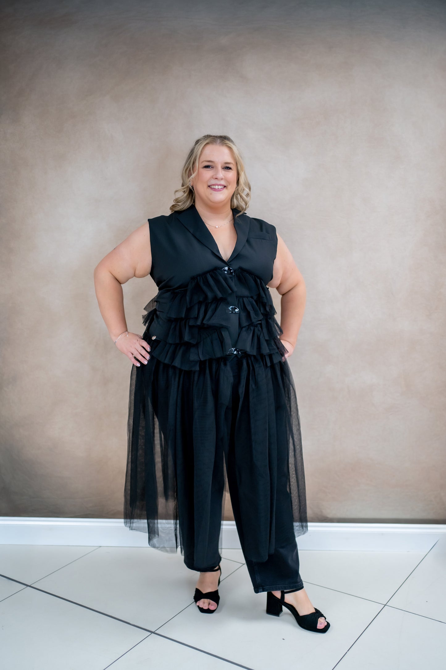 Malissa J Black Waistcoat Dress With Tulle Ruffles