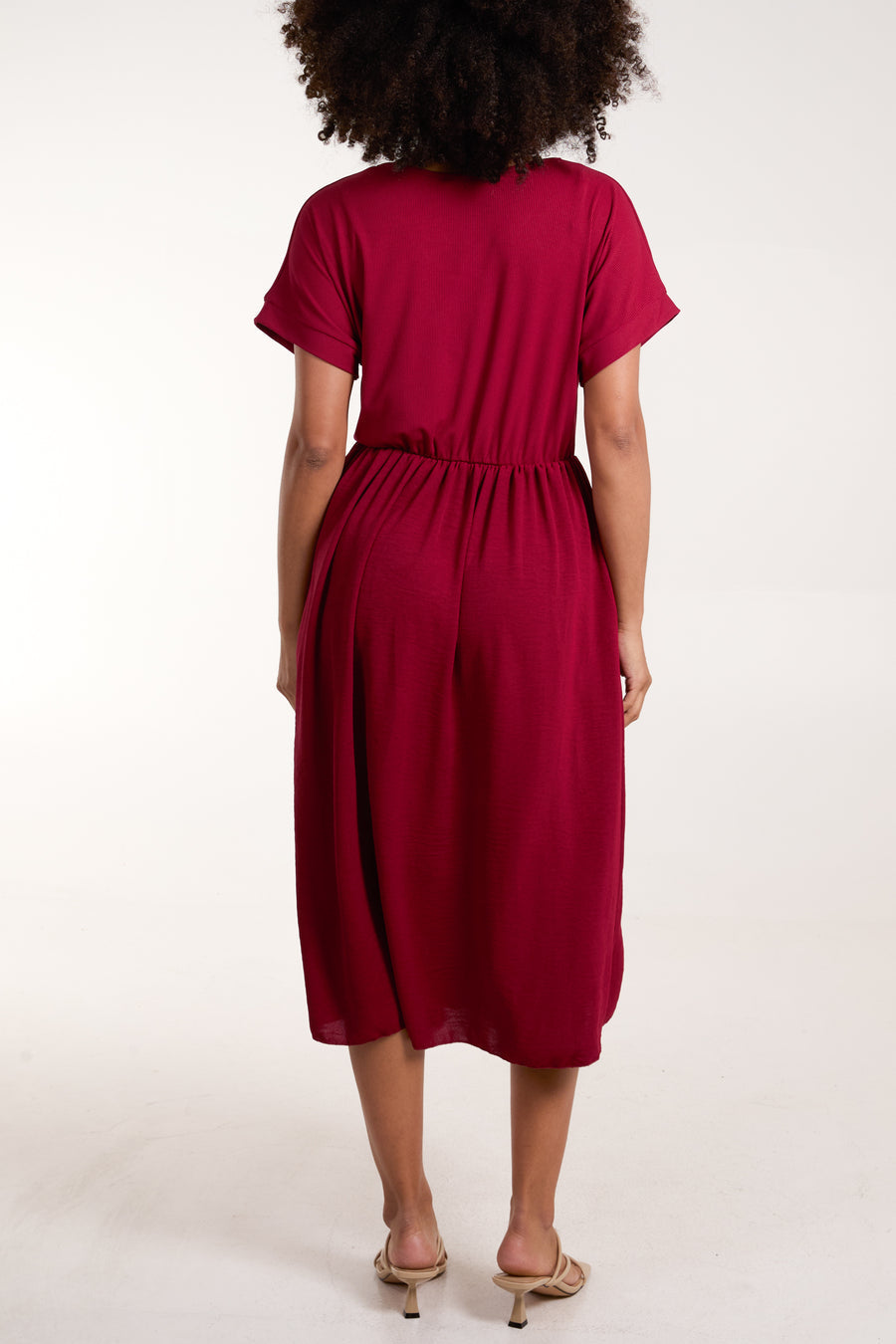 Elasticated Waist V Neck Pocket Midi Dress