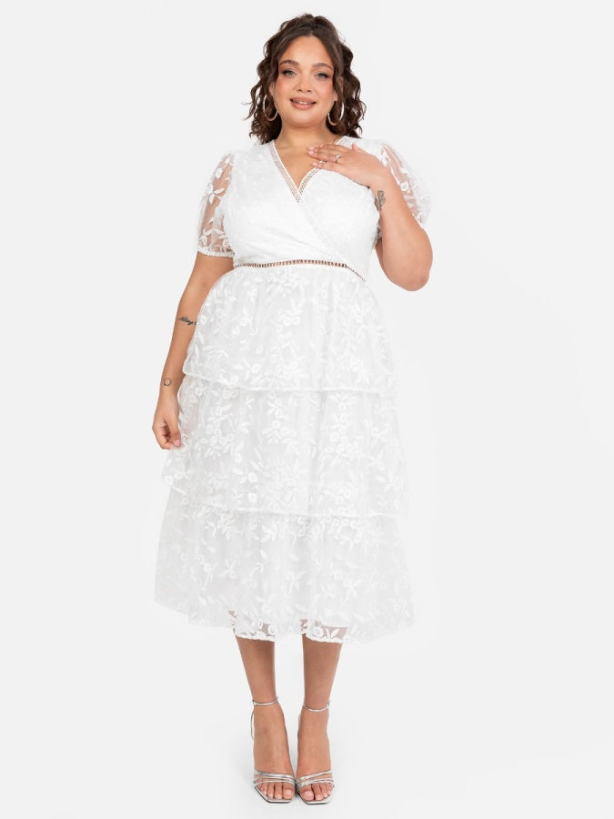 Maya White Floral Embroidered Tiered Midi Dress