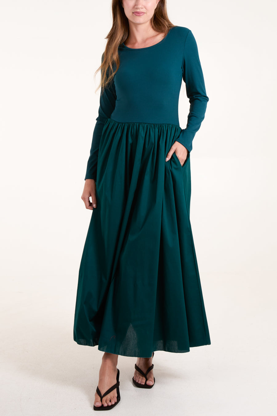 Long Sleeve Ribbed Bodice Midi Dress