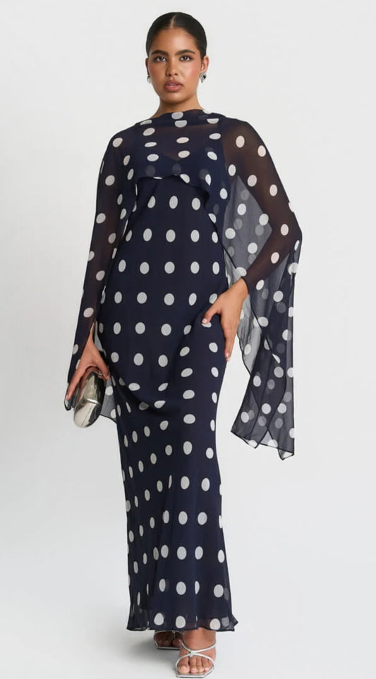 Needs no label, navy spot chiffon cape maxi dress