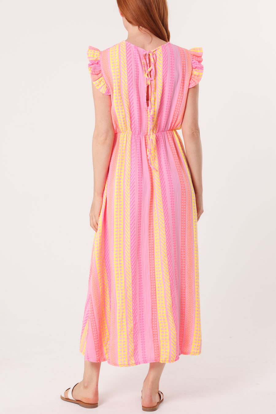 Aztec Print Frill Sleeve Cotton Dress