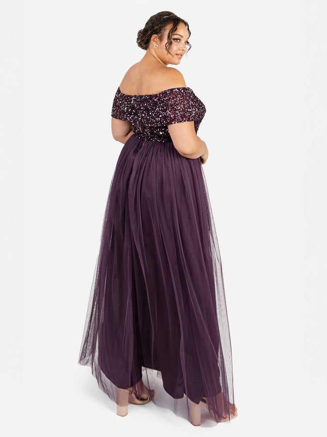 Maya Berry Embellished Bardot Maxi Dress