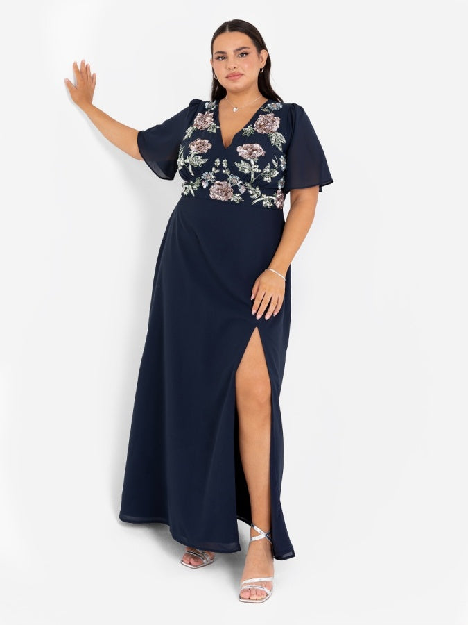 Maya Navy Floral Embellished Maxi Dress With Front Slit