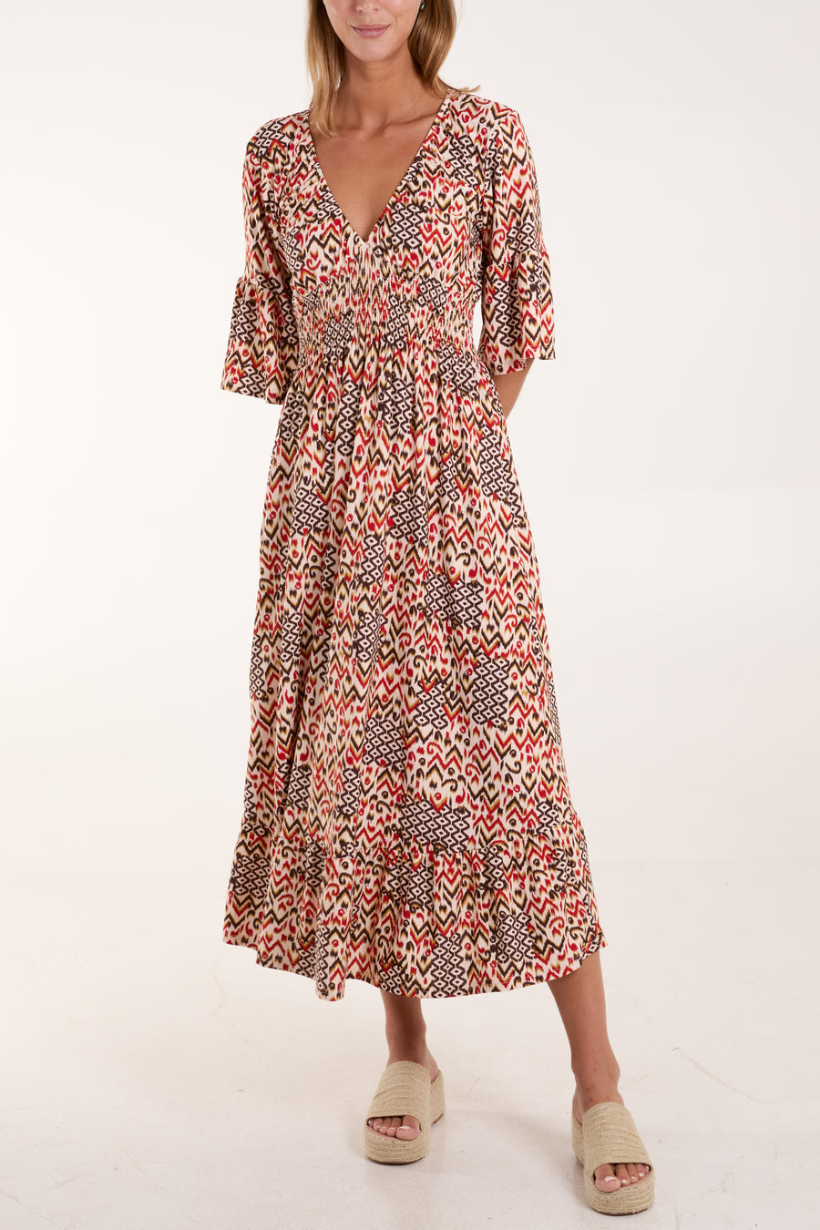 Aztec Print V Neck Shirred Midi Dress