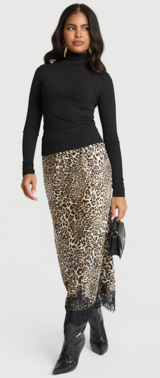 Leopard Print Satin & Lace Skirt