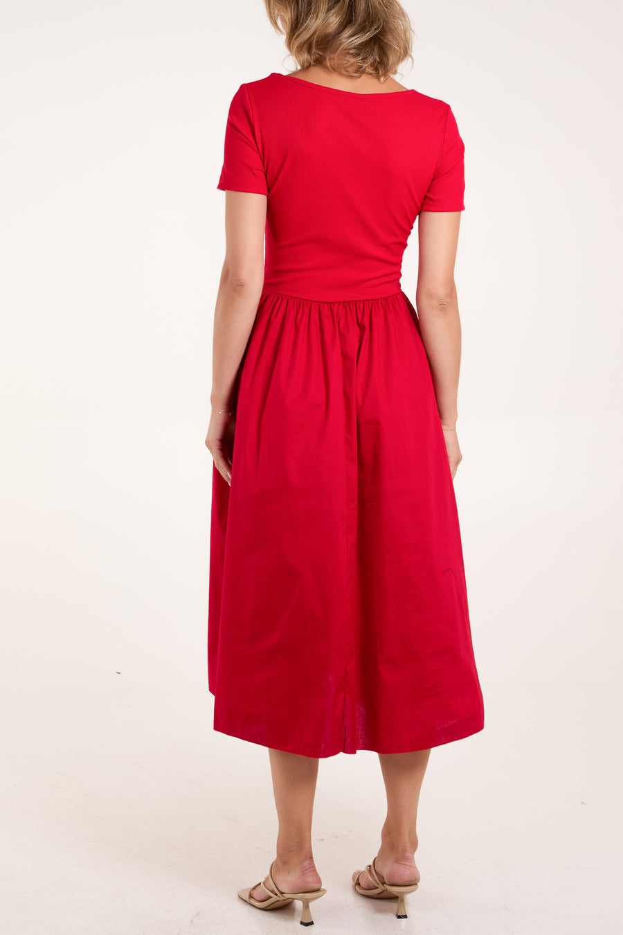 Short Sleeve Ribbed Bodice Midi Dress