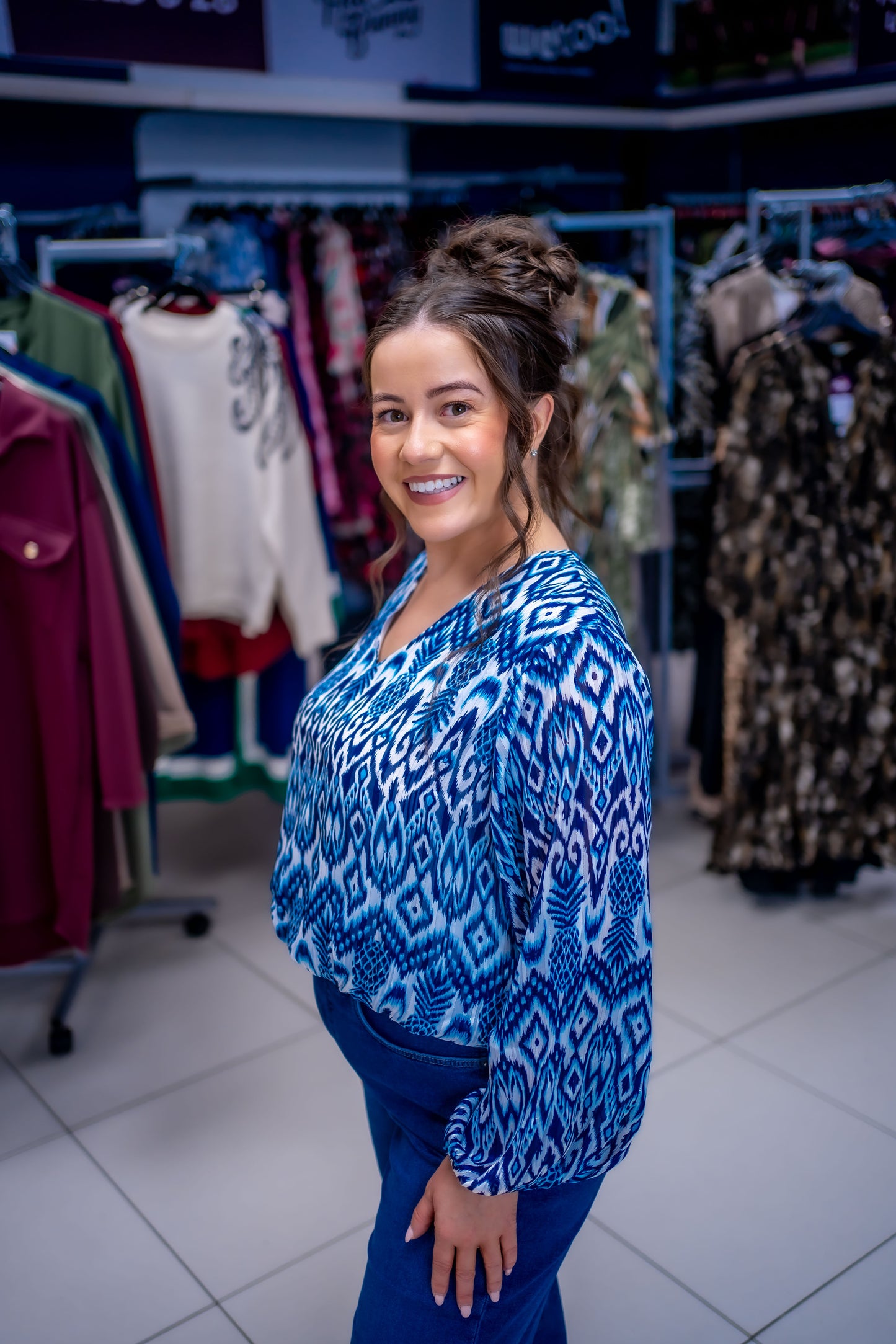 Aztec Print V Neck Puffball Blouse