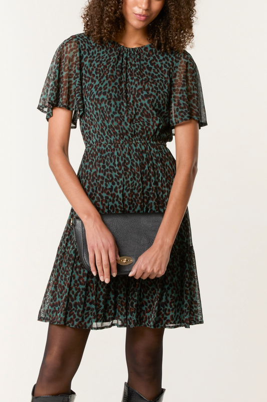 Flutter Sleeve Round Neck Green Animal Dress