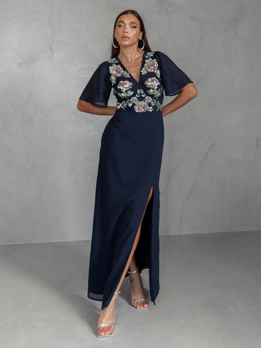 Maya Navy Floral Embellished Maxi Dress With Front Slit