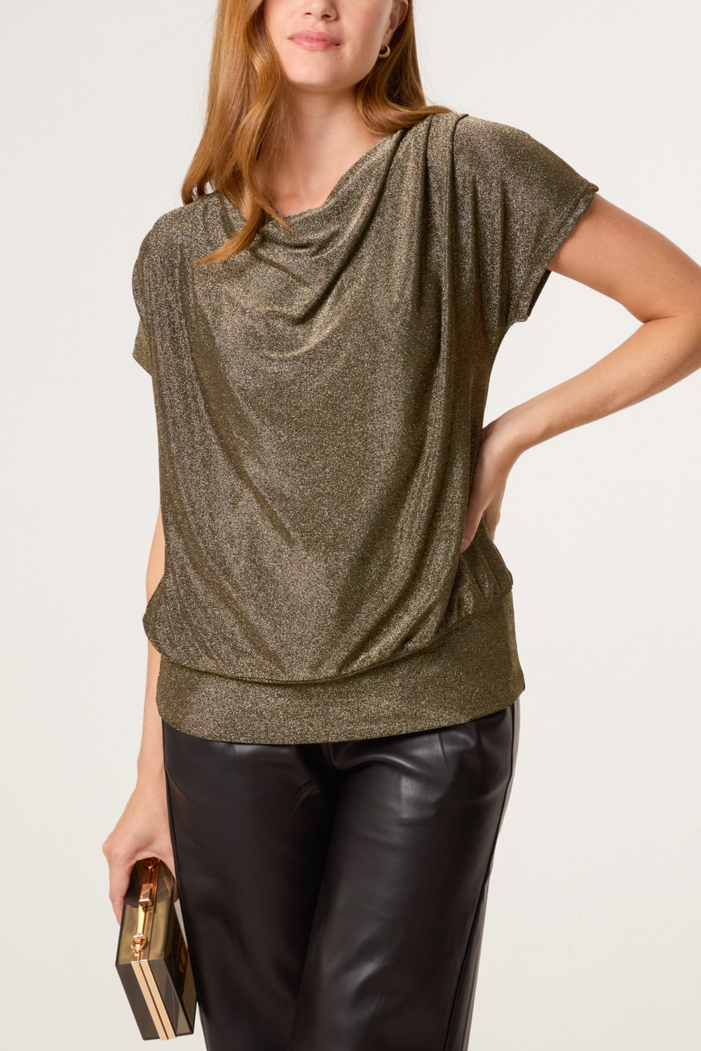 Cowl Neck Metallic Draped Top