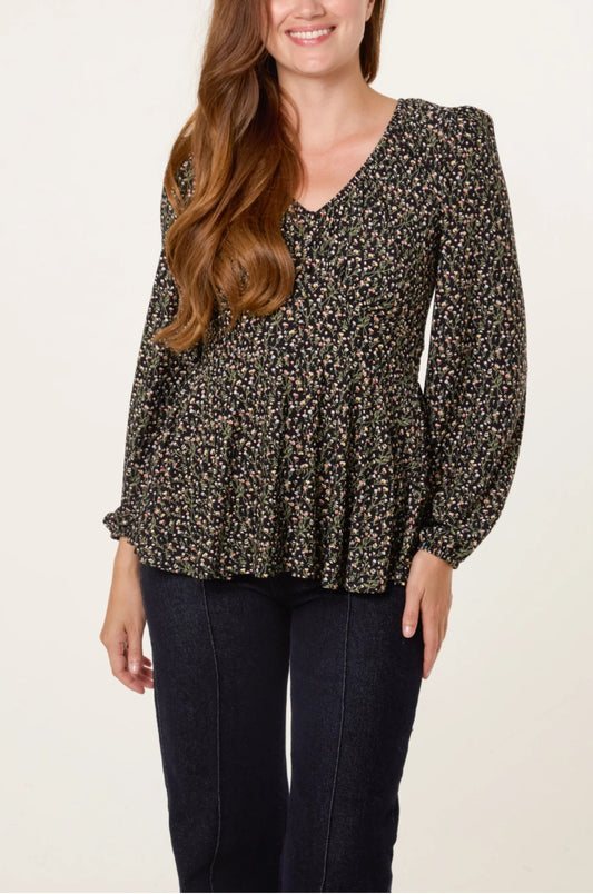 Ditsy Floral Peplum Long Sleeve Blouse