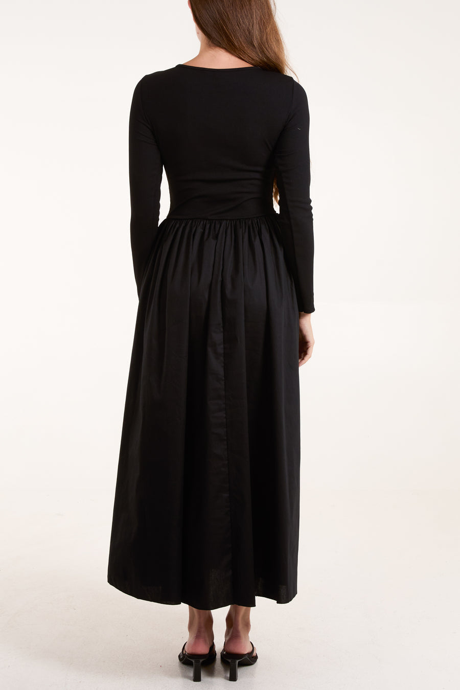 Long Sleeve Ribbed Bodice Midi Dress