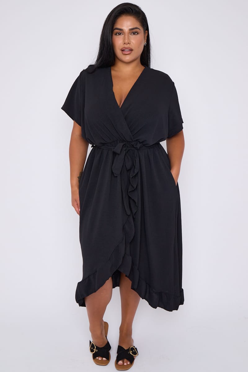 Frill Skirt Wrap Front Midi Dress