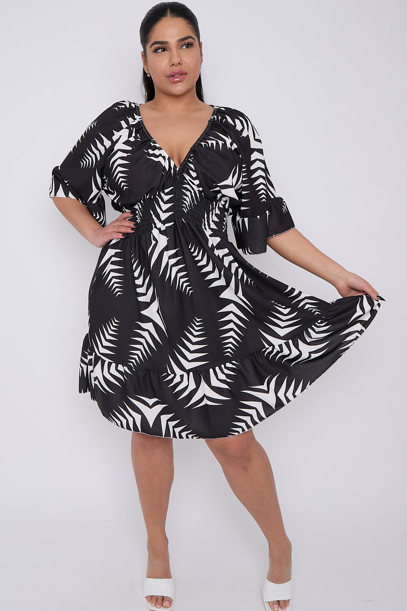 Black Leaf Shirred Dress