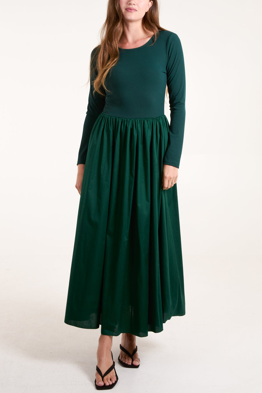 Long Sleeve Ribbed Bodice Midi Dress