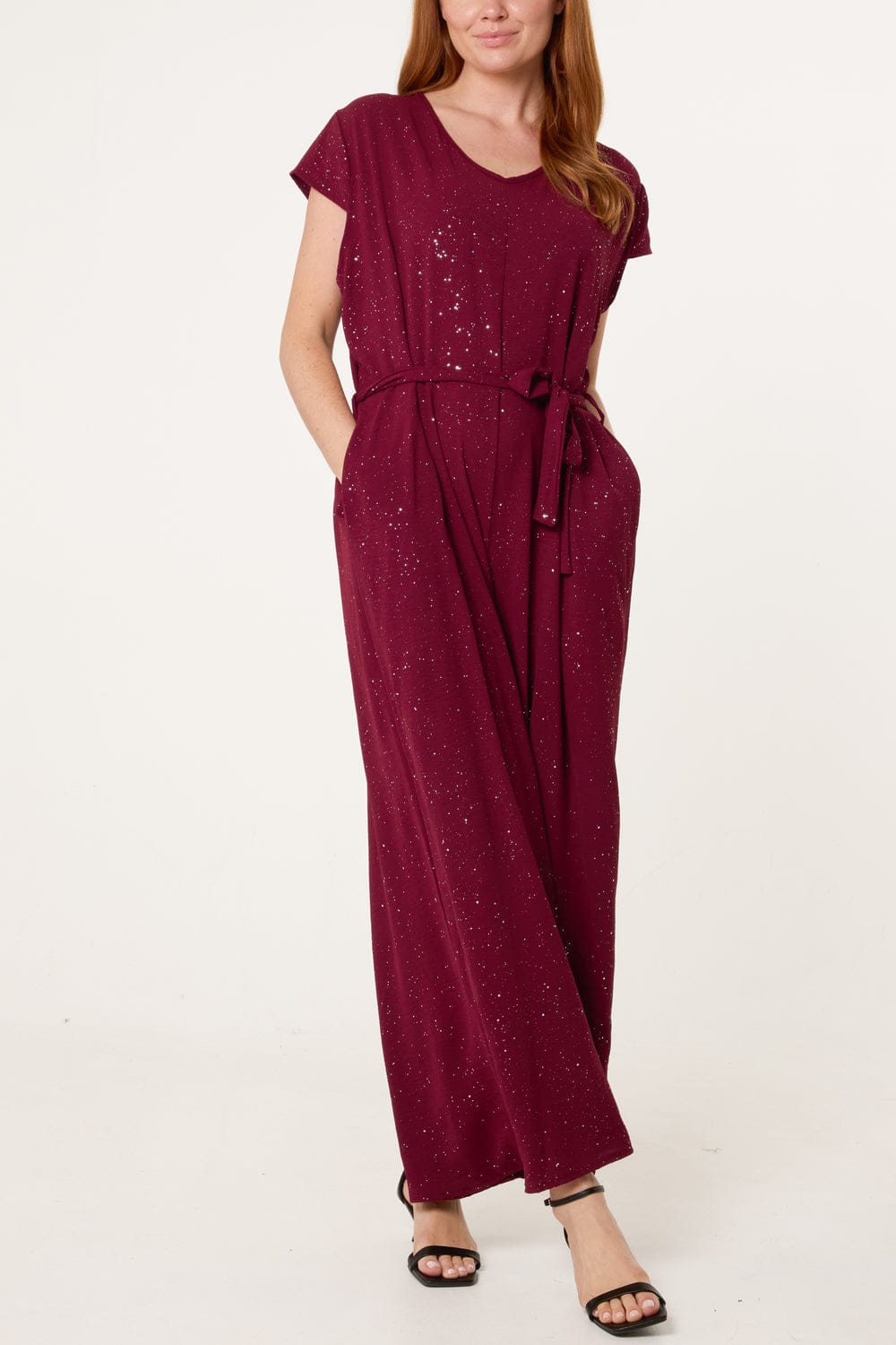 Metallic Glitter Belted Jumpsuit