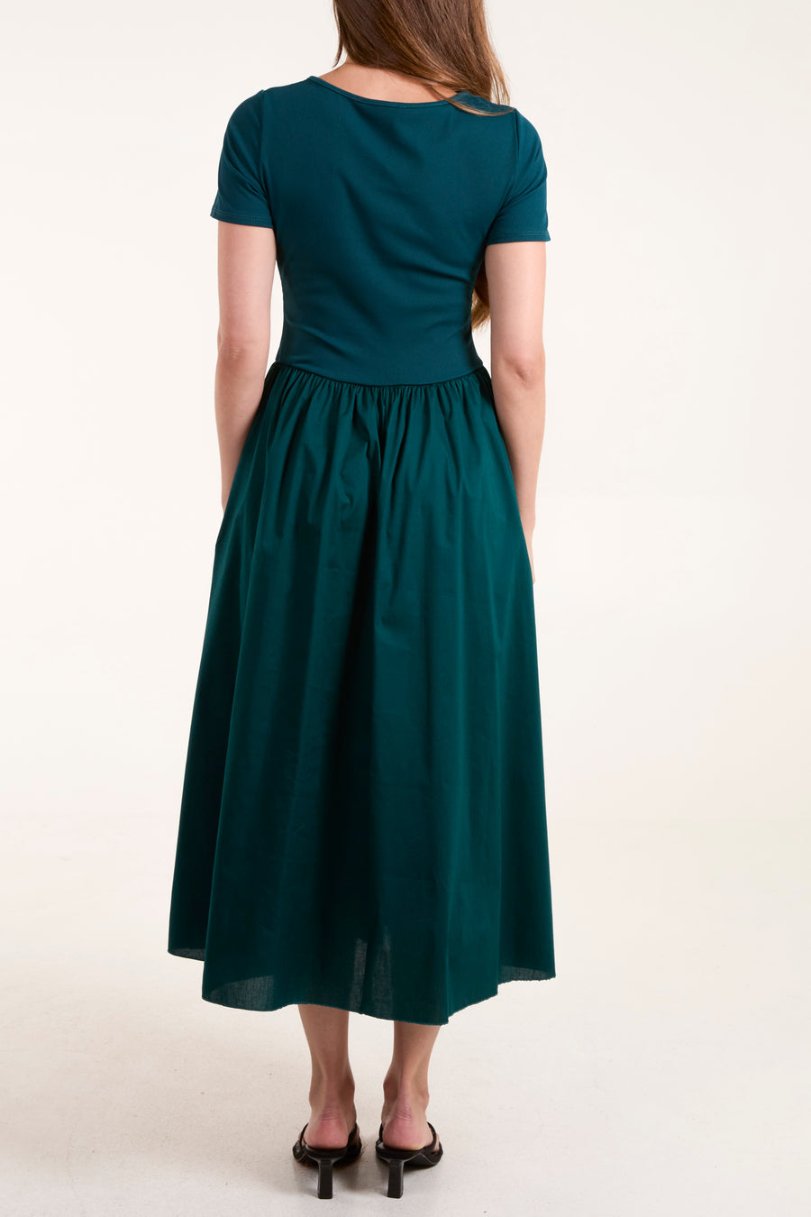 Short Sleeve Ribbed Bodice Midi Dress