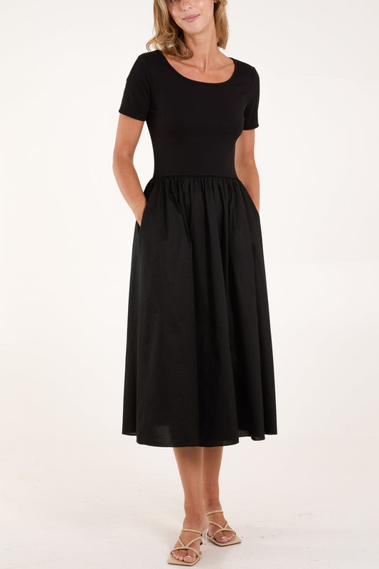 Short Sleeve Ribbed Bodice Midi Dress