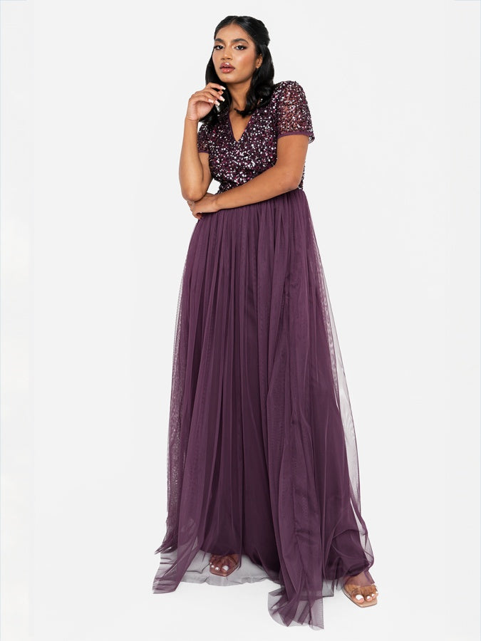 Maya Berry V Neck Embellished Maxi Dress