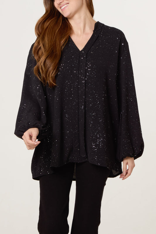 Metallic Glitter Collarless V Neck Blouse