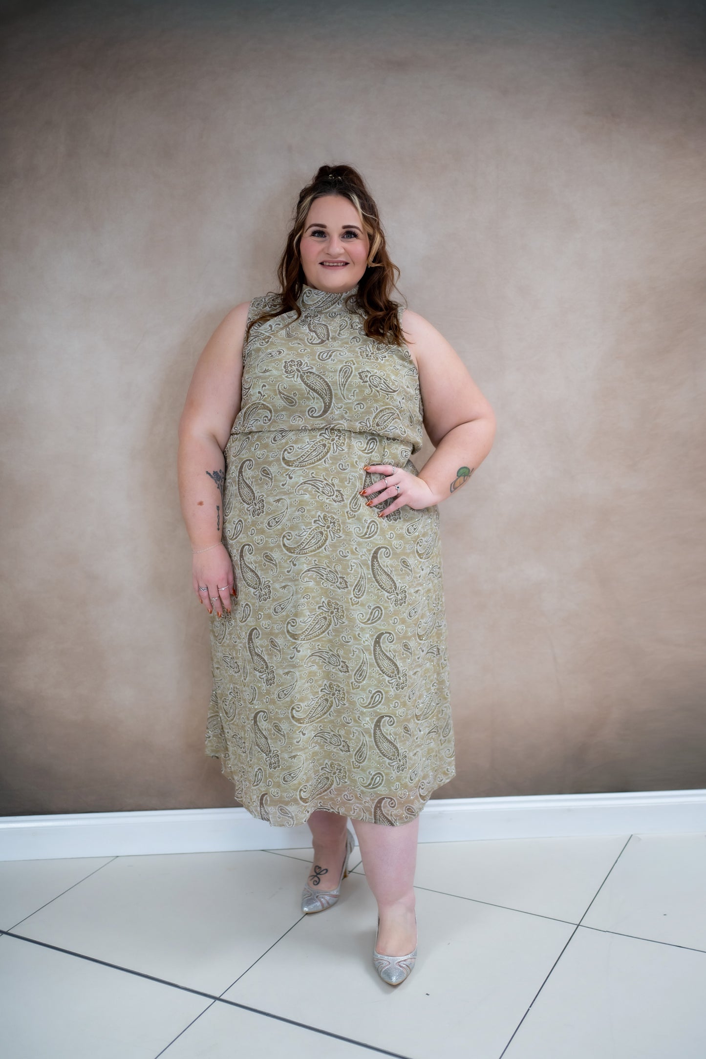 Rhinestone High Neck Midi Dress