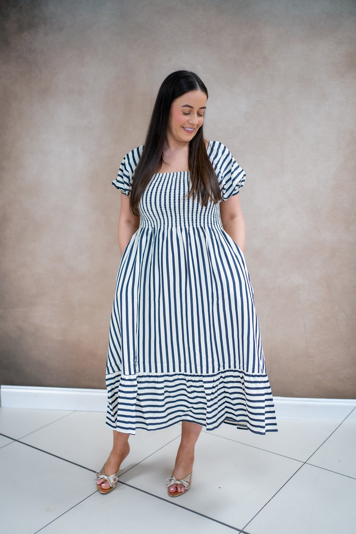 Square Neck Navy Stripe Midi Dress