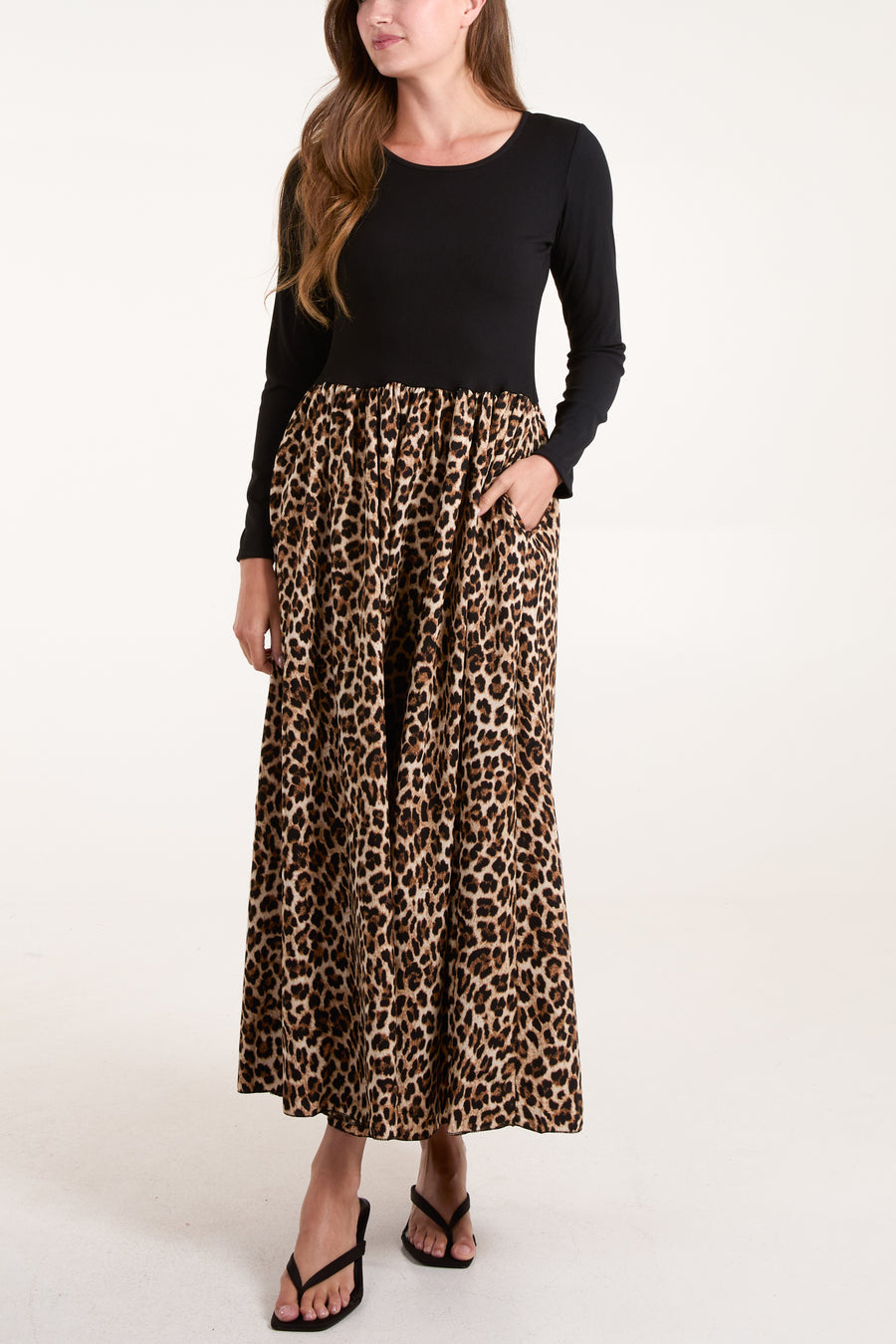 Long Sleeve Leopard Skirt Midi Dress