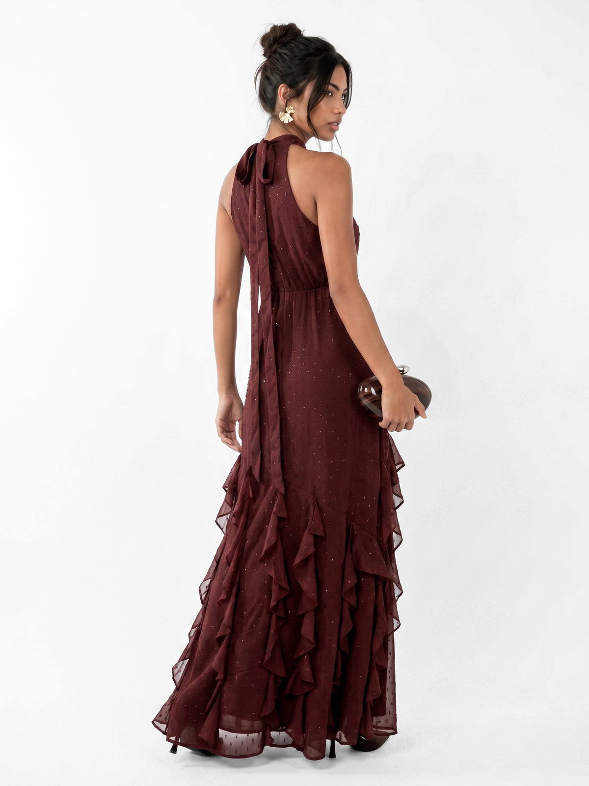 Maya Brown Halter Ruffle Maxi Dress