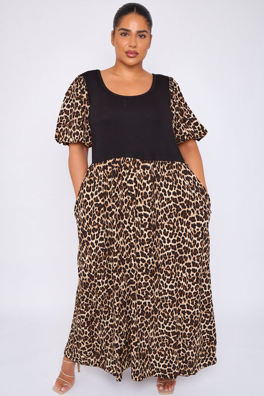 Leopard Print Dress With Black Bodice And Puff Sleeves