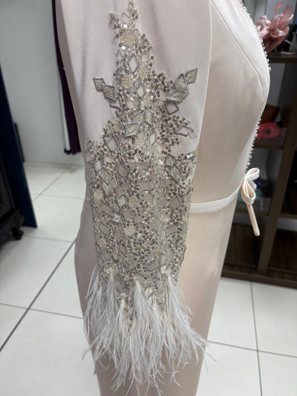 Gino Cerruti Satin Crepe MOB/MOG Dress With Feather Trim