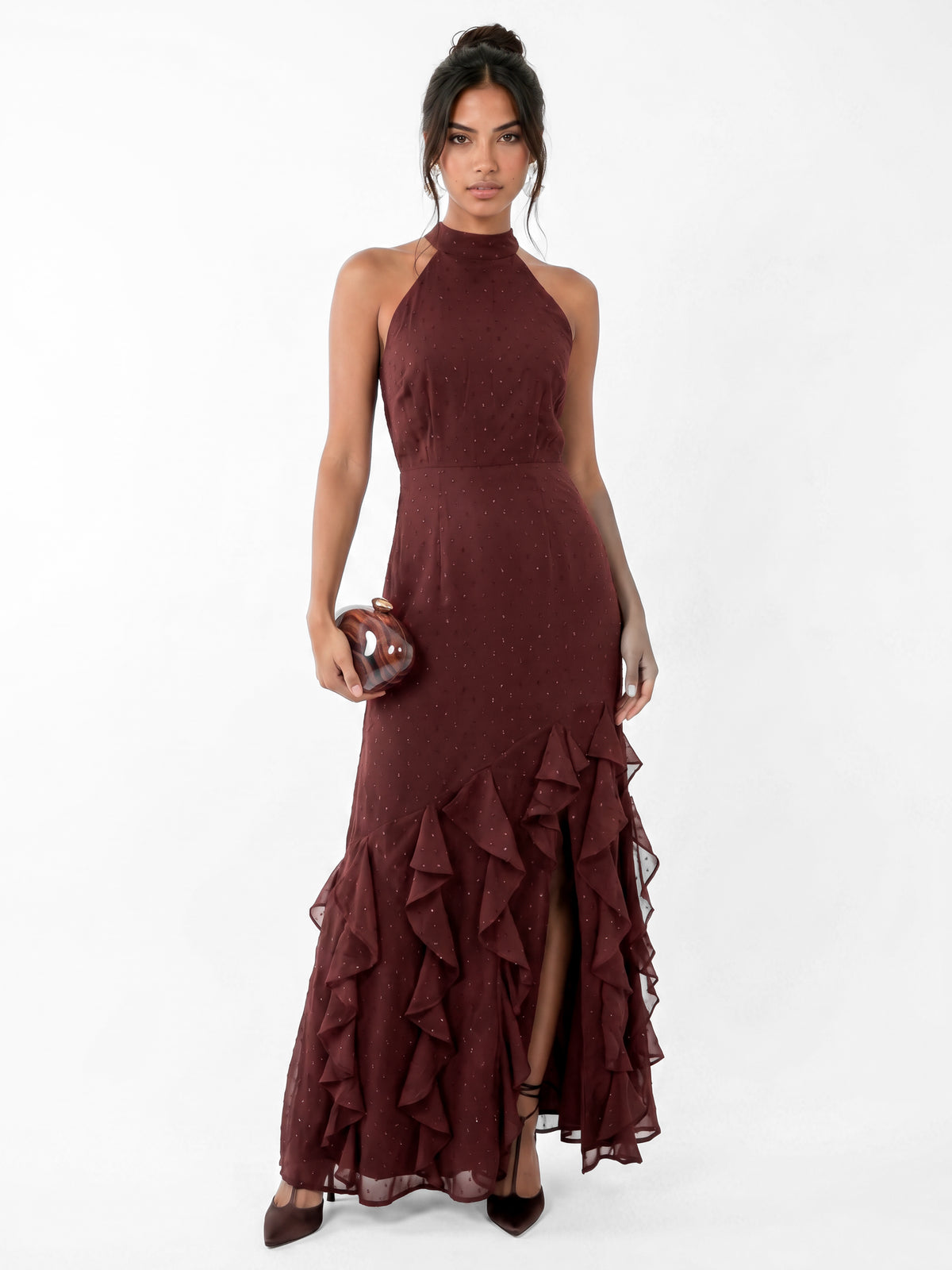 Maya Brown Halter Ruffle Maxi Dress