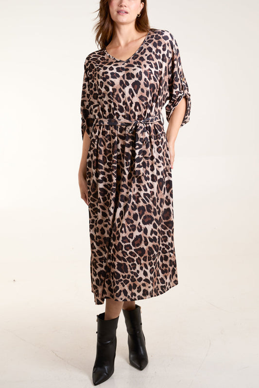 Ribbed Leopard Print Belted Midi Dress