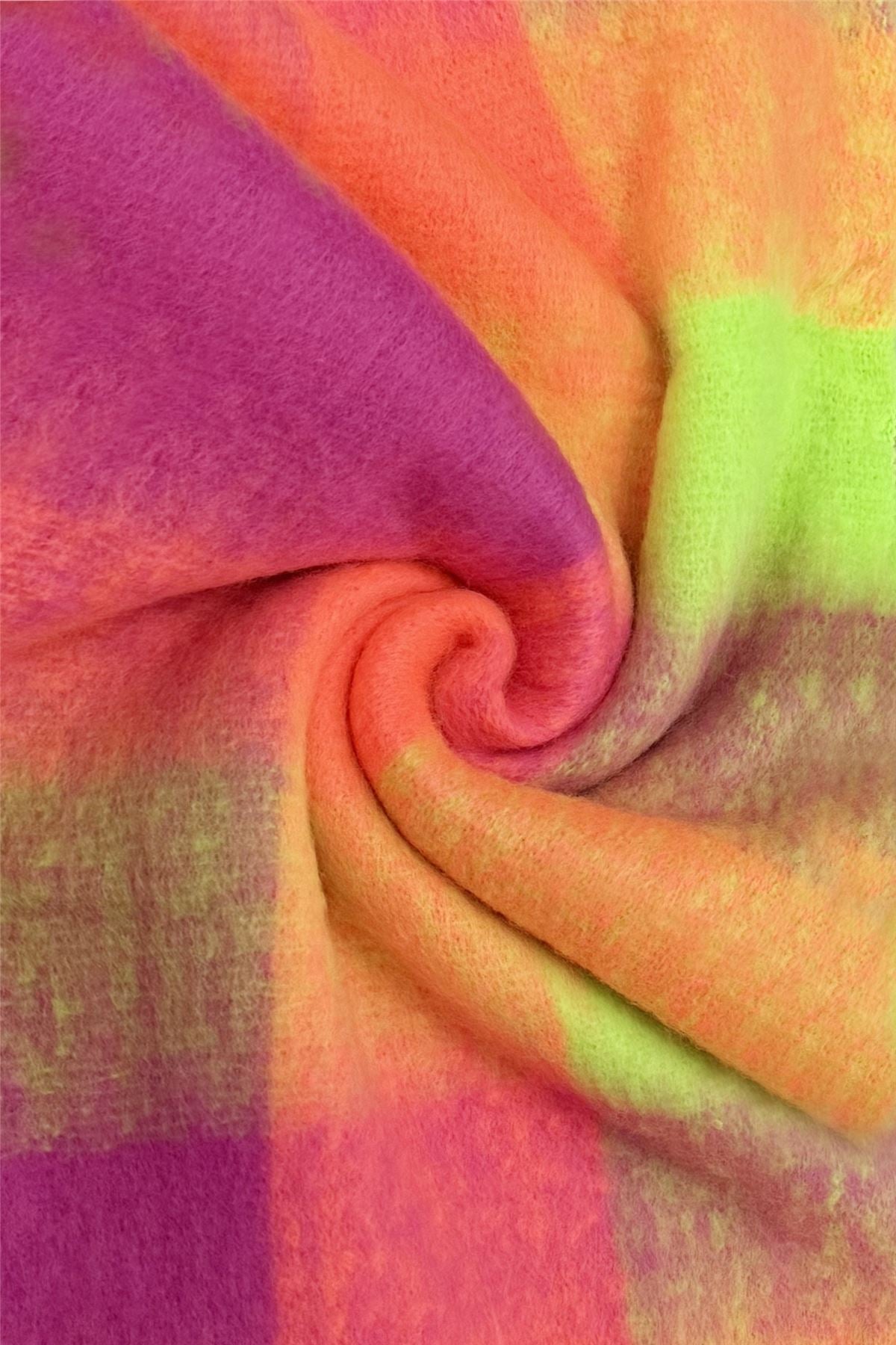 Multi Check Wool Tassel Neon Scarf