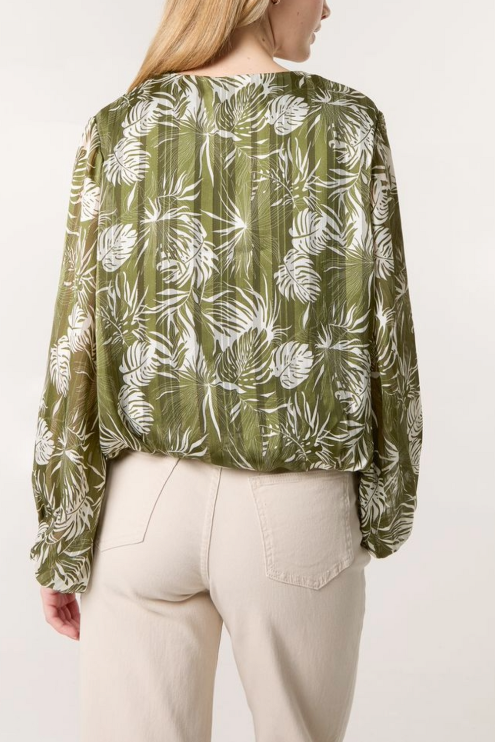 Khaki V Neck Puffball Blouse