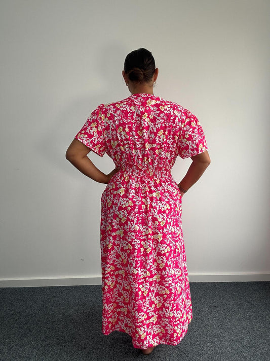 Printed Faux Wrap Maxi Dress With Shirred Waist