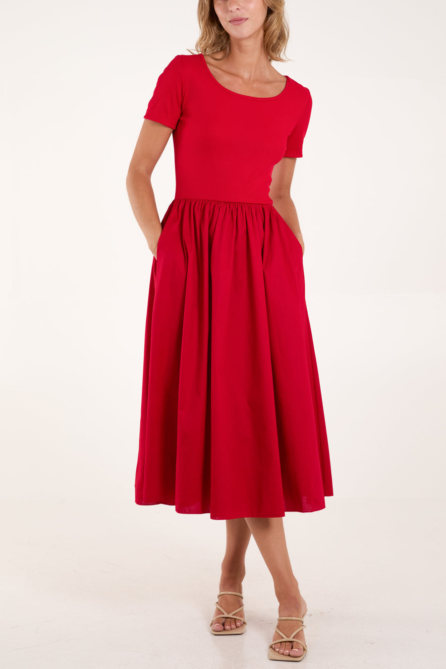 Short Sleeve Ribbed Bodice Midi Dress