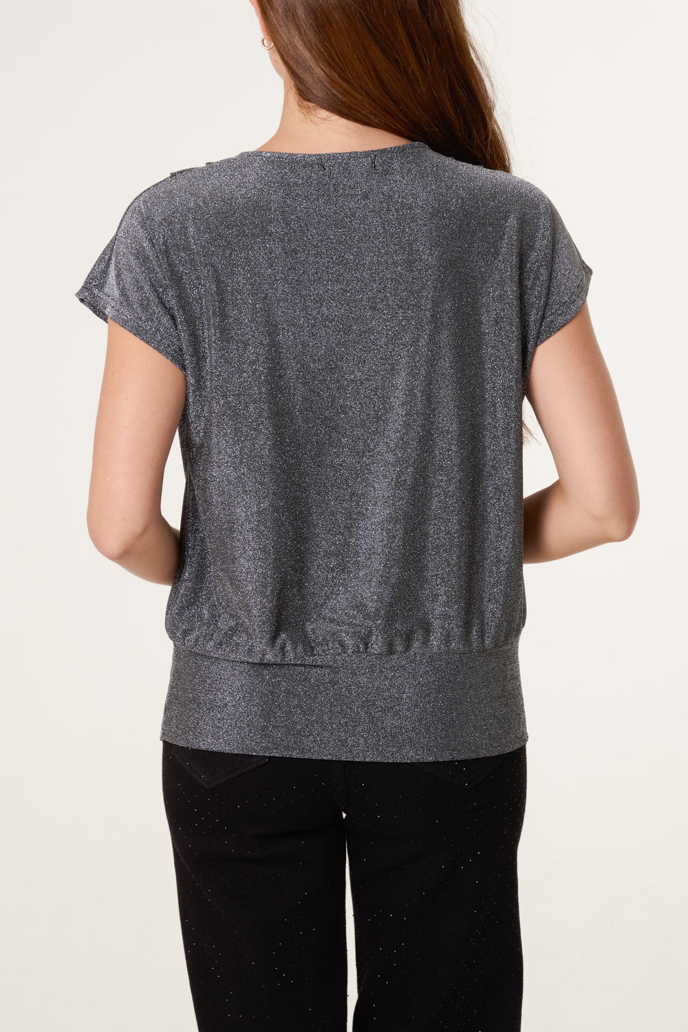 Cowl Neck Metallic Draped Top