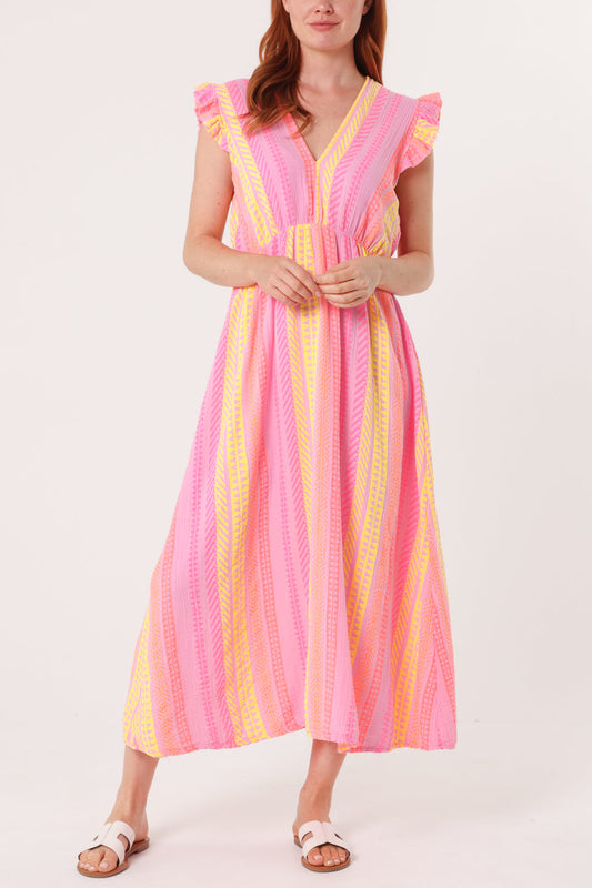 Aztec Print Frill Sleeve Cotton Dress