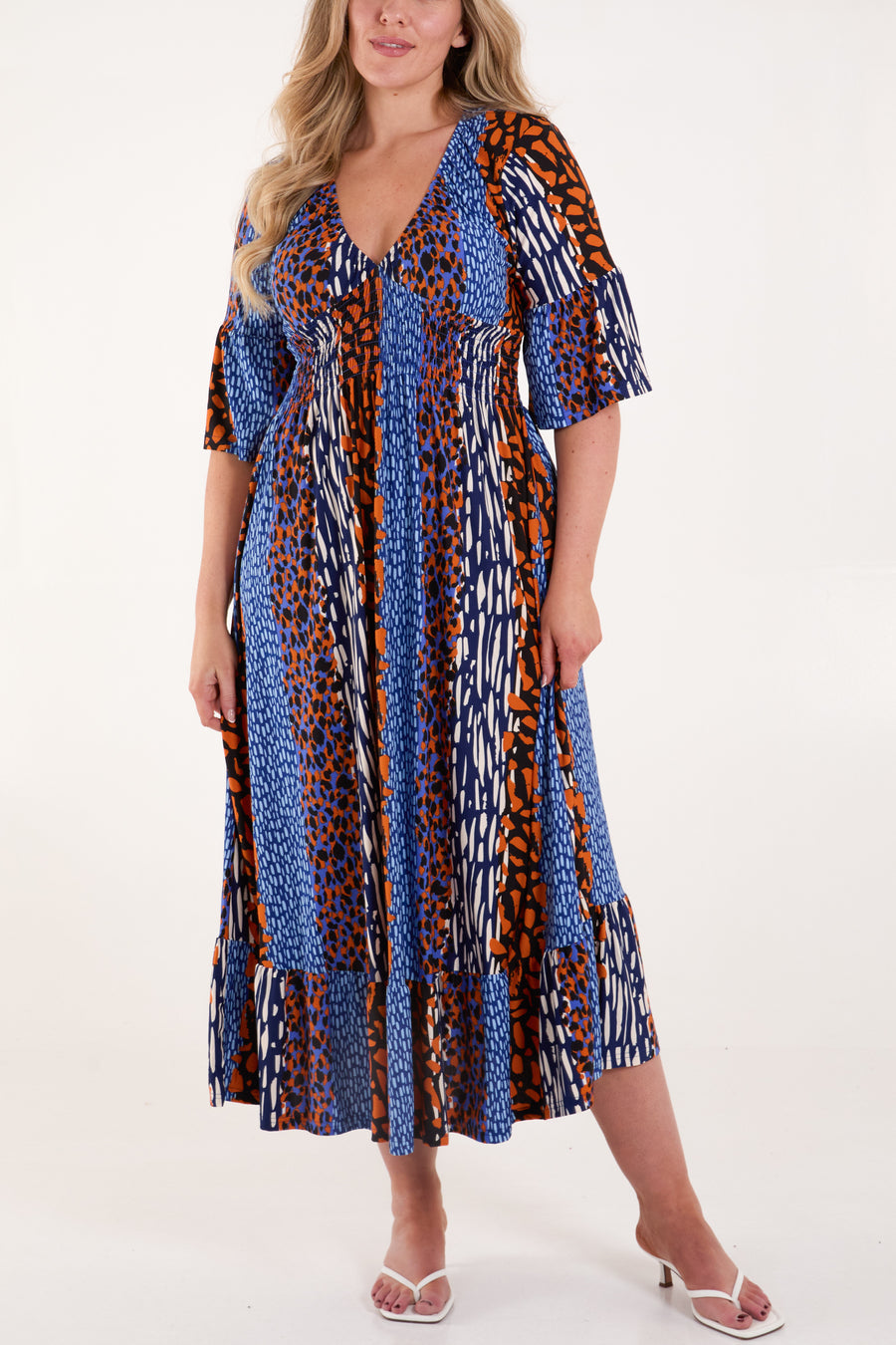 Mixed Animal Shirred Waist Midi Dress