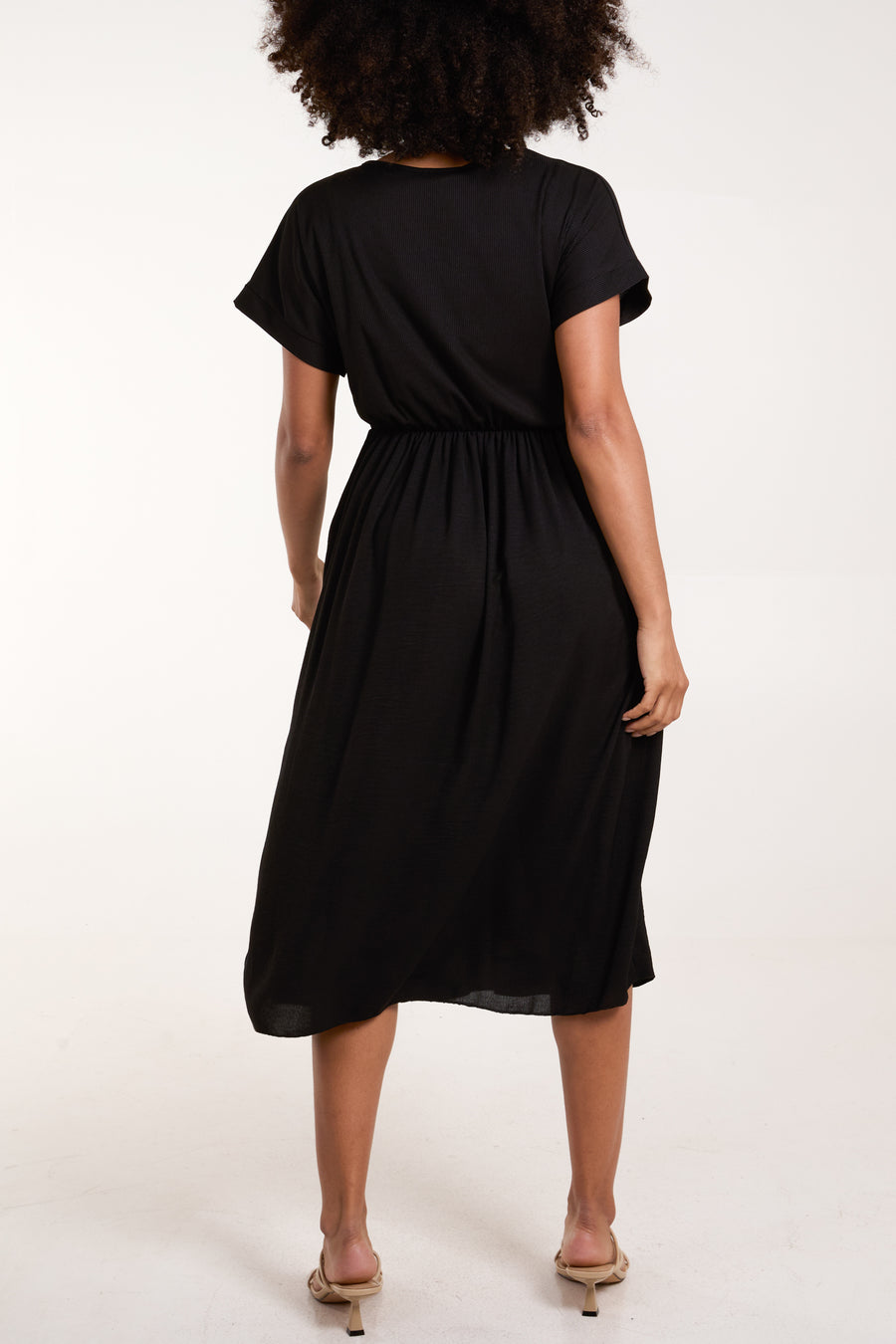 Elasticated Waist V Neck Pocket Midi Dress