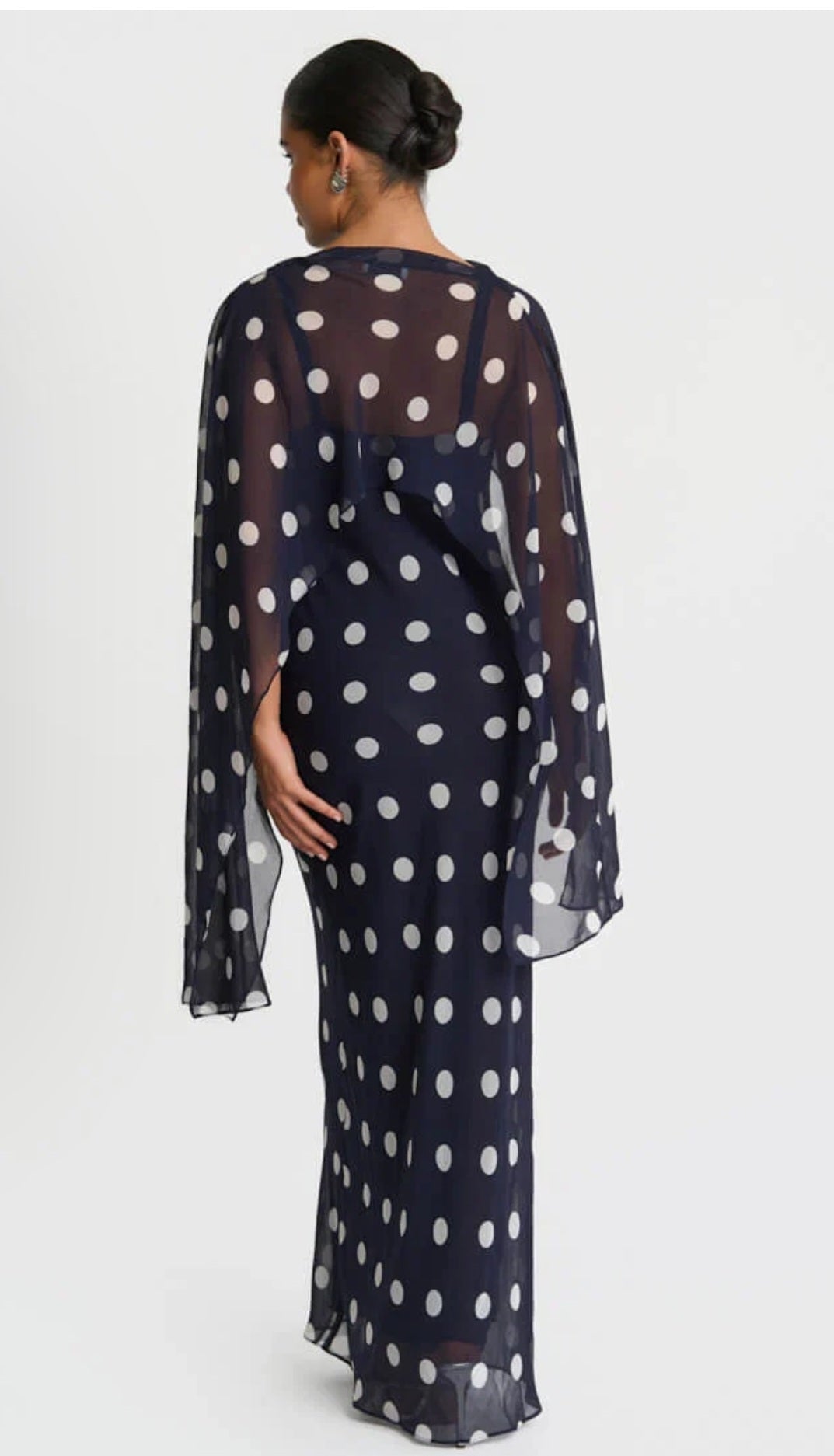 Needs no label, navy spot chiffon cape maxi dress