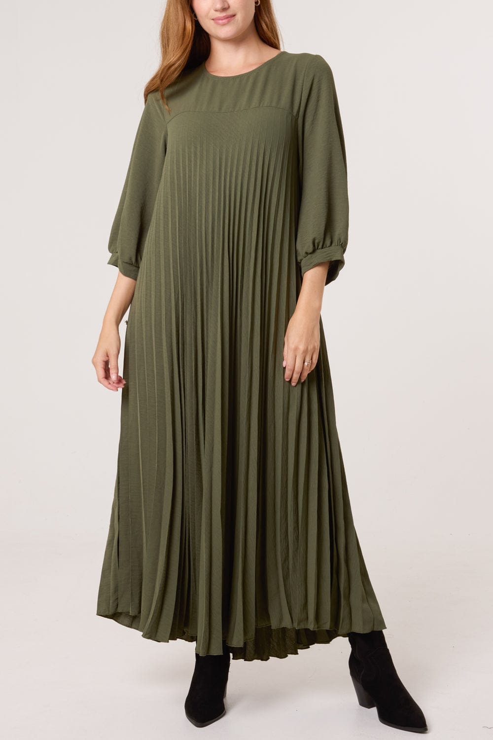 Long Sleeve Pleated Maxi Dress With Pockets